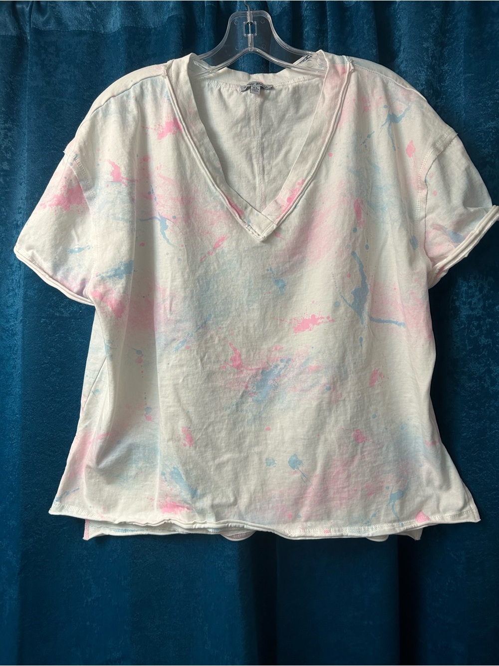 white birch Cream V-Neck Tee with Pink & Blue Splatter